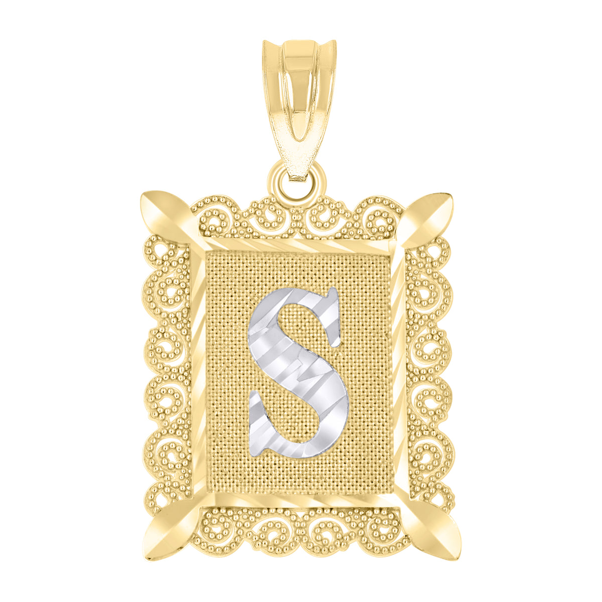 10K Gold Two-Tone Diamond-Cut Unisex Letter S Initial Charm Pendant