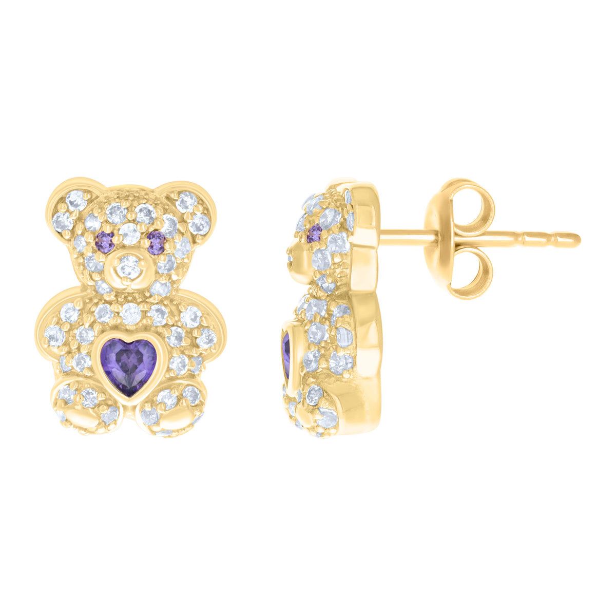10K Yellow Gold Womens Purple White Heart Round Cubic-Zirconia February Birthstone Teddy Bear Stud Earrings
