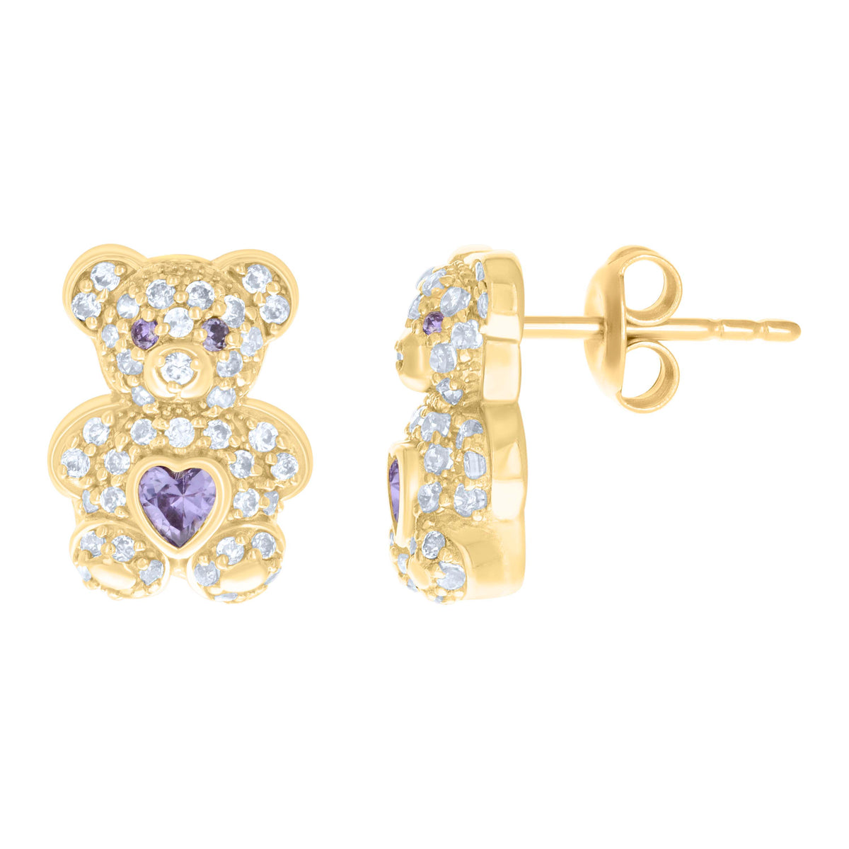 10K Yellow Gold Womens Purple White Heart Round Cubic-Zirconia June Birthstone Teddy Bear Stud Earrings