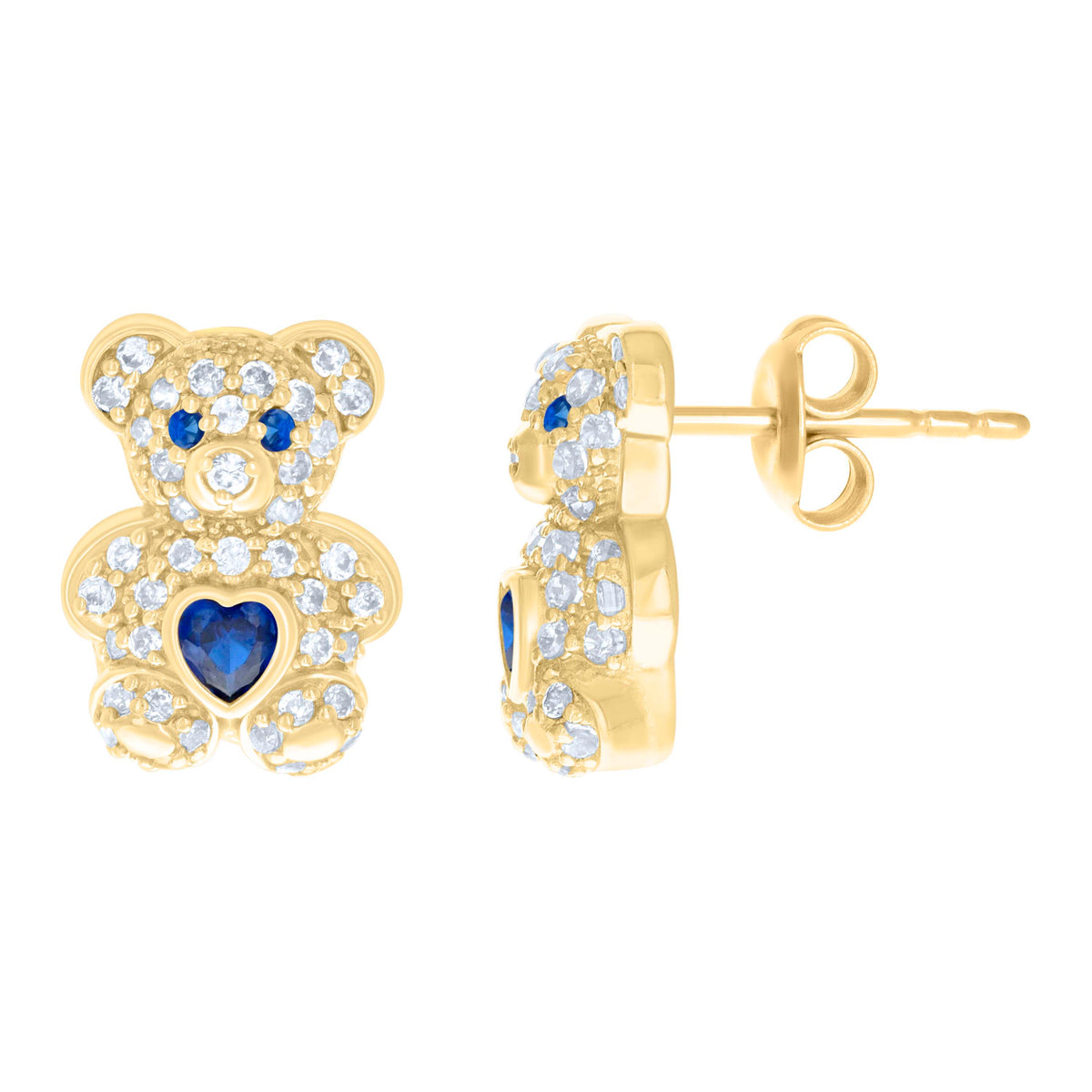 10K Yellow Gold Womens Blue White Heart Round Cubic-Zirconia September Birthstone Teddy Bear Stud Earrings