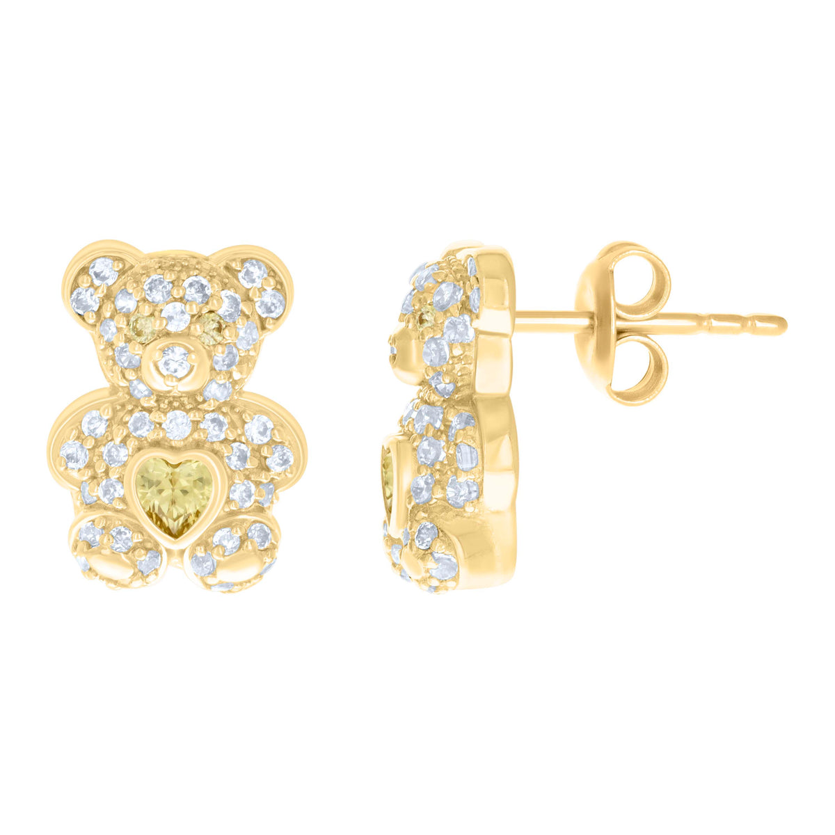 10K Yellow Gold Womens Yellow White Heart Round Cubic-Zirconia November Birthstone Teddy Bear Stud Earrings