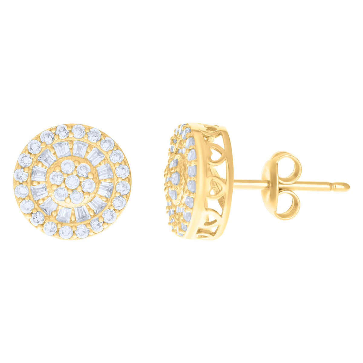 10K Yellow Gold Womens Baguette Round Cubic-Zirconia Fashion Stud Earrings