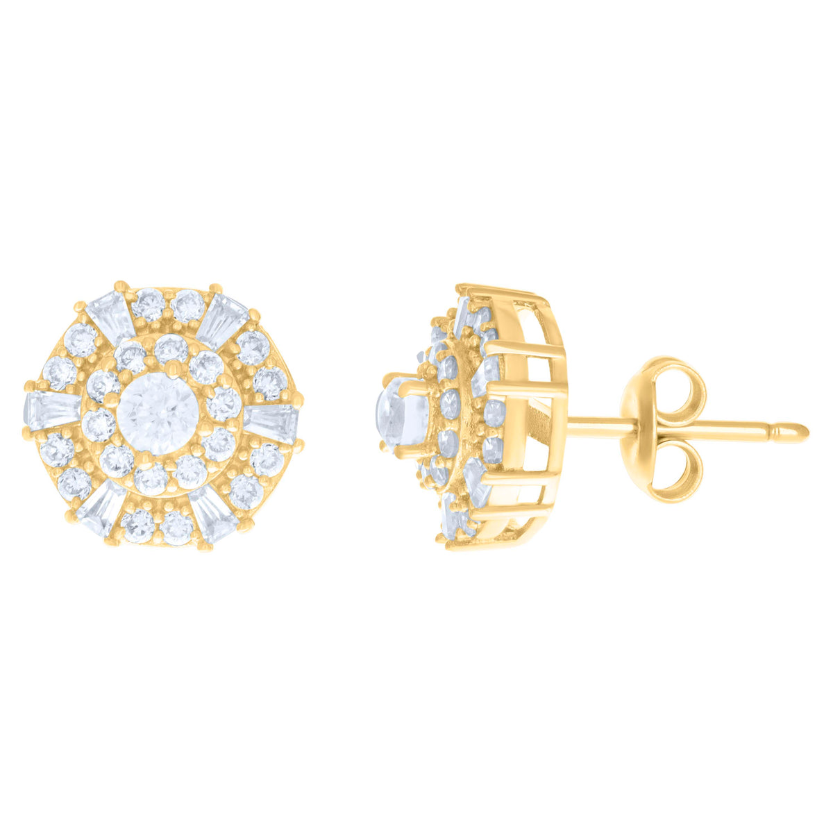 10K Yellow Gold Womens Baguette Round Cubic-Zirconia Fashion Stud Earrings