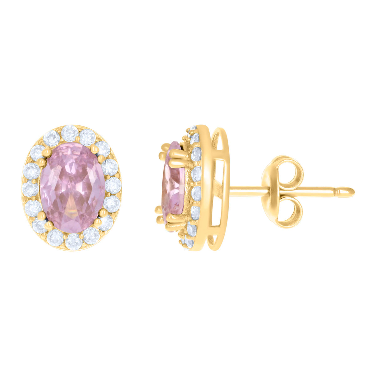 10K Yellow Gold Womens Pink White Oval Round Cubic-Zirconia Oval Fashion Stud Earrings