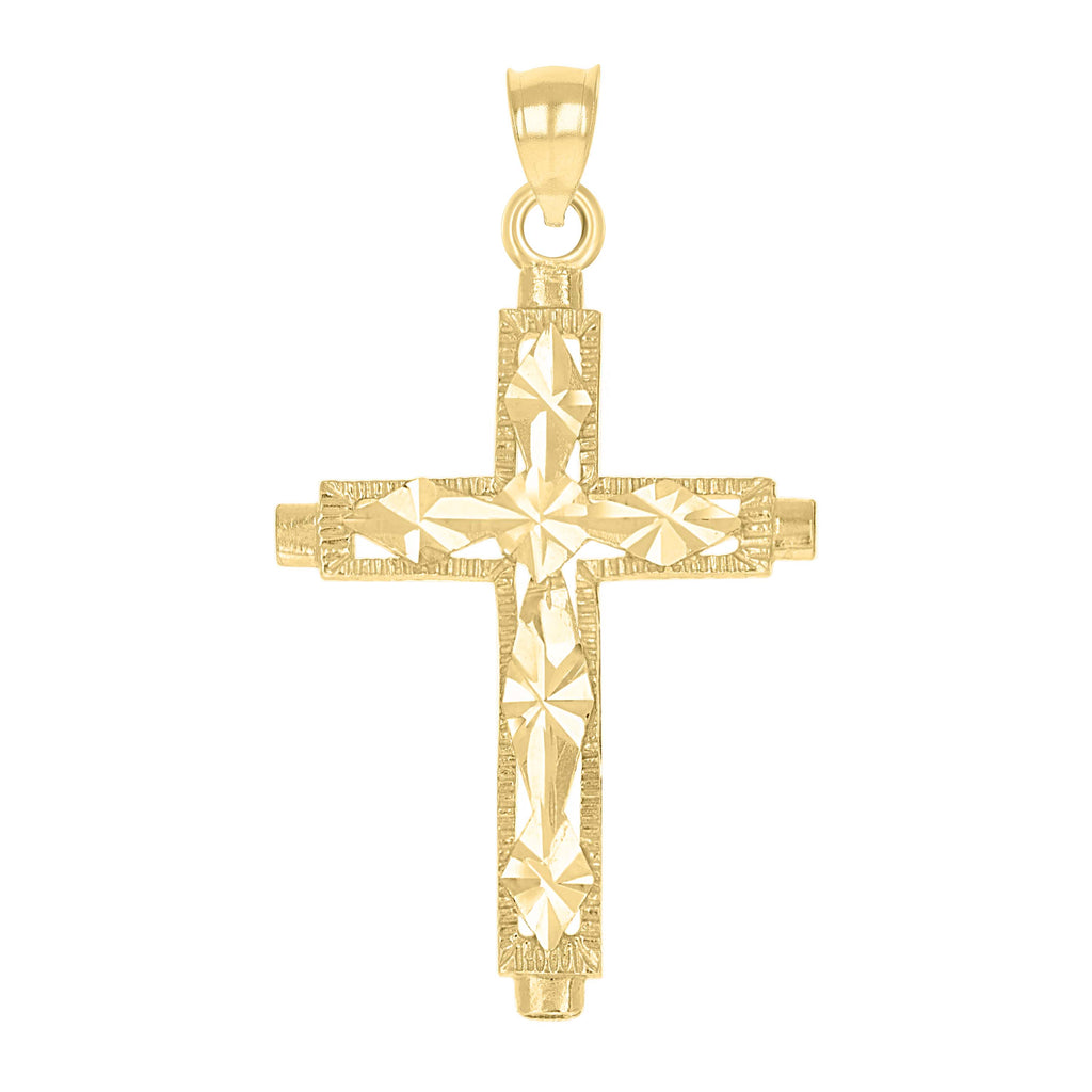 10K Yellow Gold Mens Women Textured Diamond-Cut Cross Religious Charm Pendant