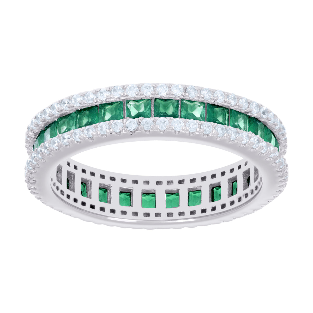 925 Sterling Silver Womens Green White Princess-cut Round Cubic-Zirconia Eternity Wedding Band Ring Size 7