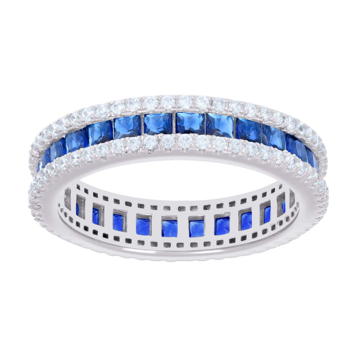 925 Sterling Silver Womens Blue White Princess-cut Round Cubic-Zirconia Eternity Wedding Band Ring Size 8