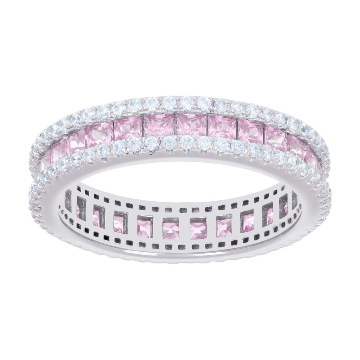 925 Sterling Silver Womens Pink White Princess-cut Round Cubic-Zirconia Eternity Wedding Band Ring Size 8
