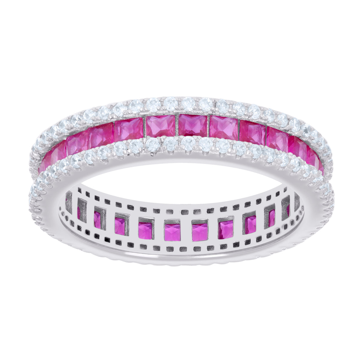 925 Sterling Silver Womens Pink White Princess-cut Round Cubic-Zirconia Eternity Wedding Band Ring Size 7