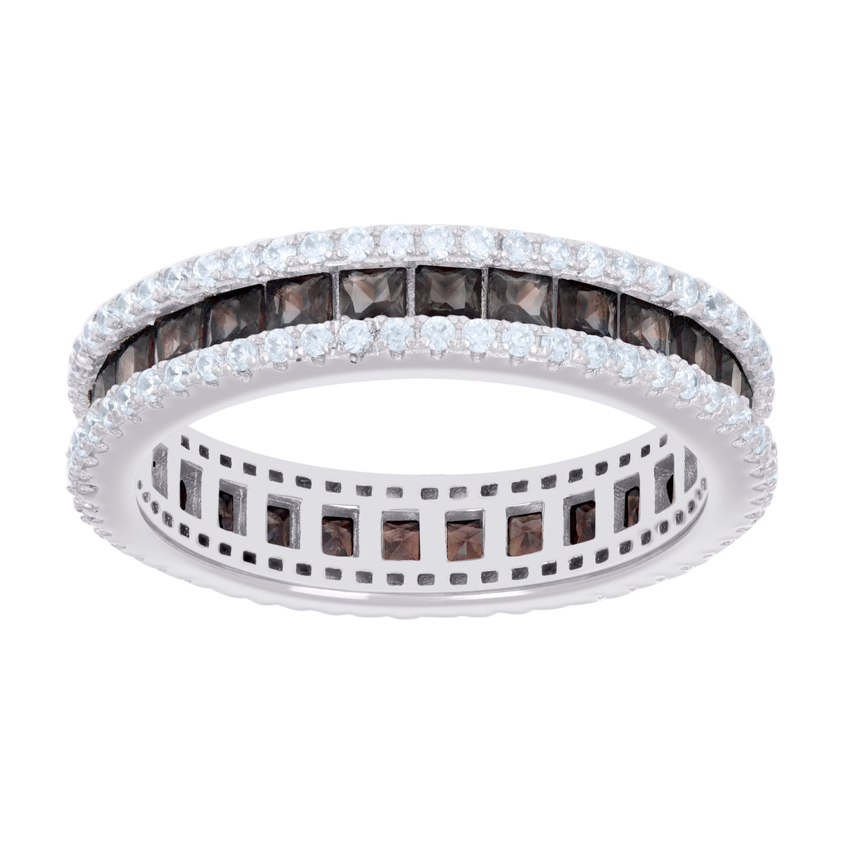 925 Sterling Silver Womens Brown White Princess-cut Round Cubic-Zirconia Eternity Wedding Band Ring Size 6