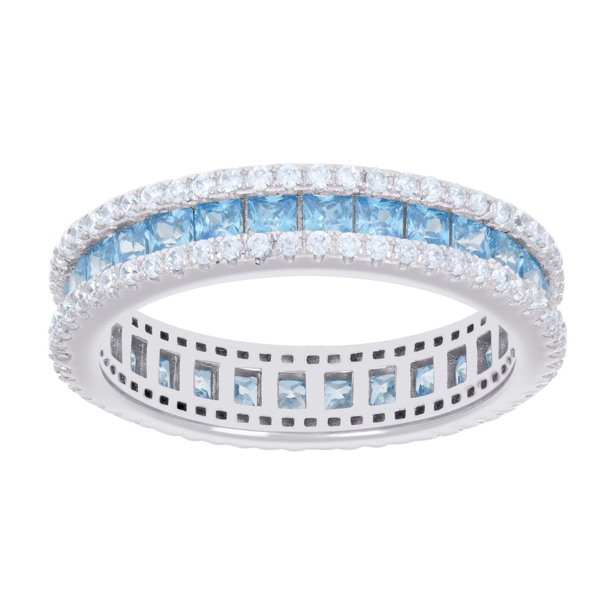 925 Sterling Silver Womens Sky Blue White Princess-cut Round Cubic-Zirconia Eternity Wedding Band Ring