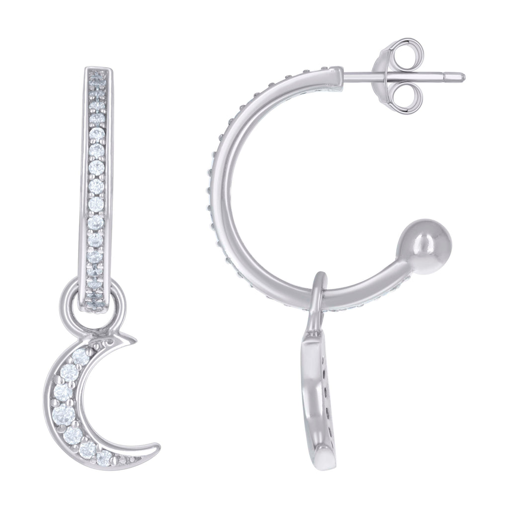 925 Sterling Silver Womens Cubic-Zirconia Moon Star Fashion Dangle Hoop Earrings