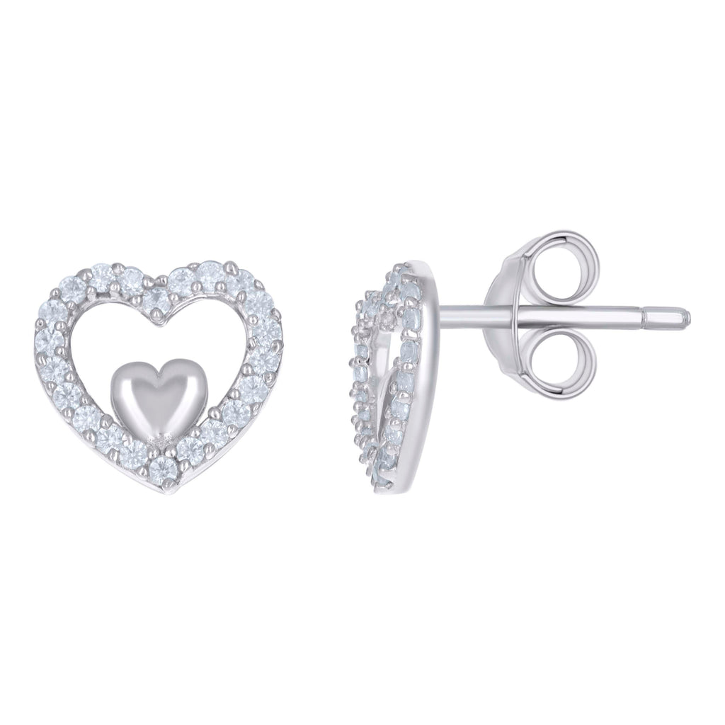 925 Sterling Silver Womens Cubic-Zirconia Heart Stud Earrings