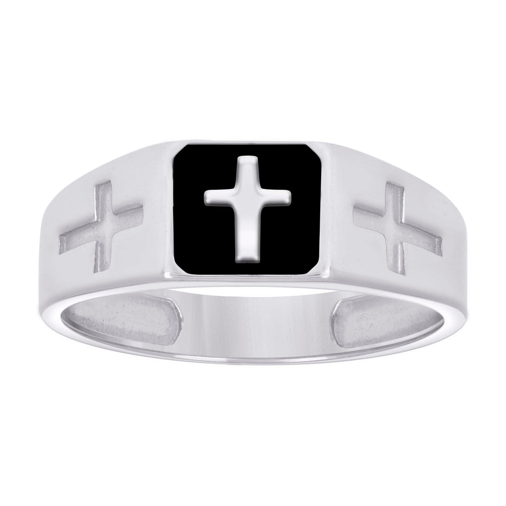 925 Sterling Silver Mens Black Enameled Cross Religious Ring
