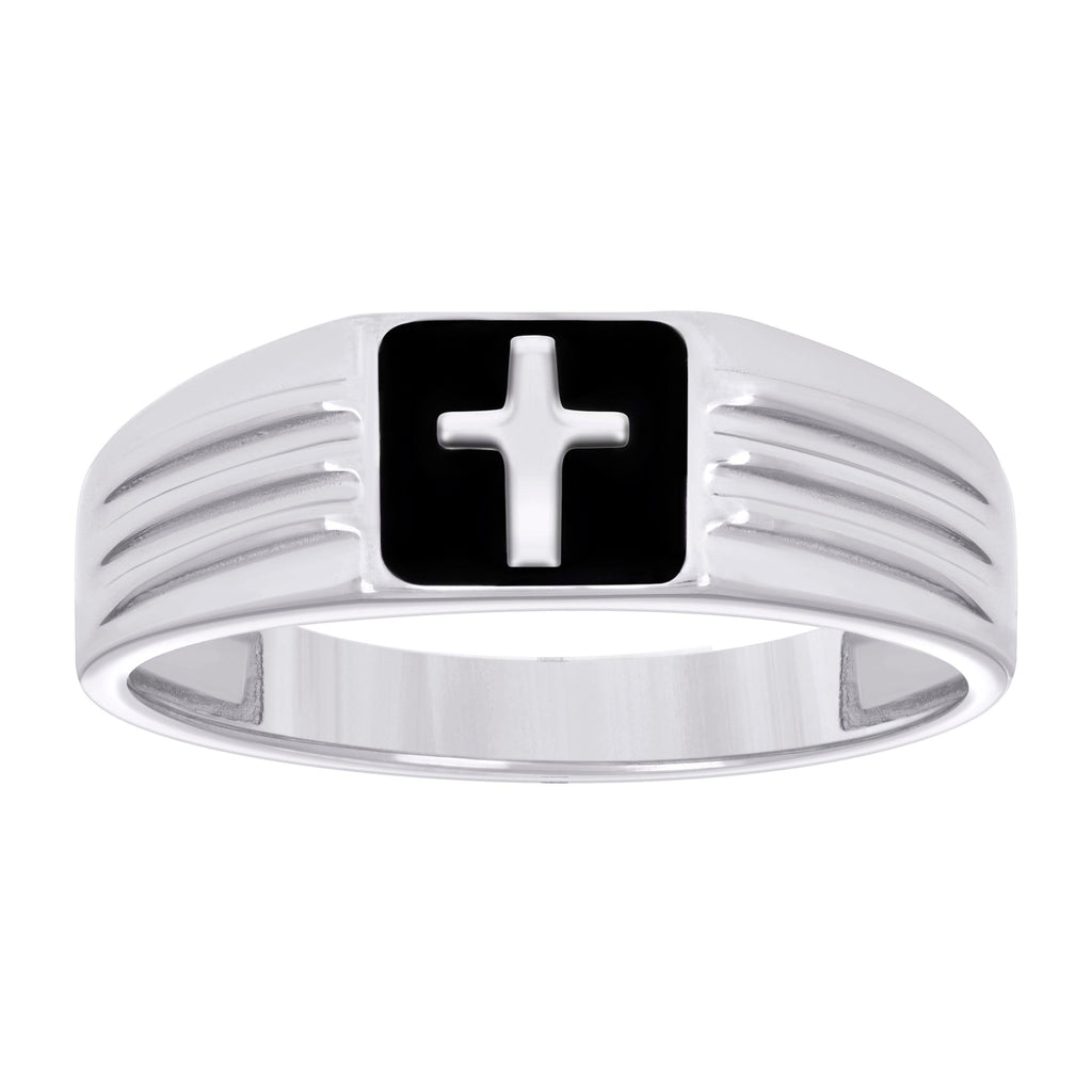 925 Sterling Silver Mens Black Enameled Cross Religious Ring Size 9