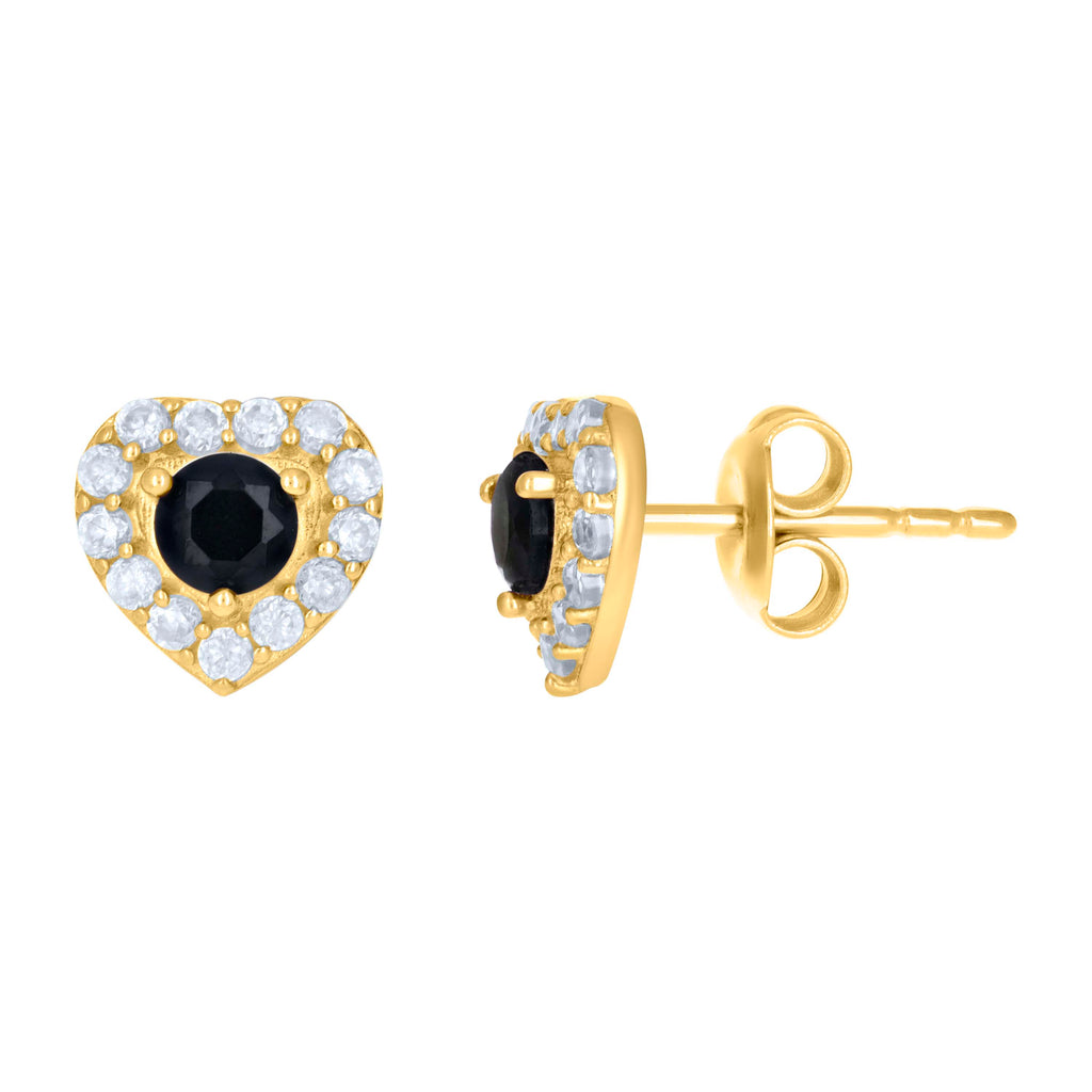 10K Yellow Gold Womens Black White Cubic-Zirconia Heart Stud Earrings