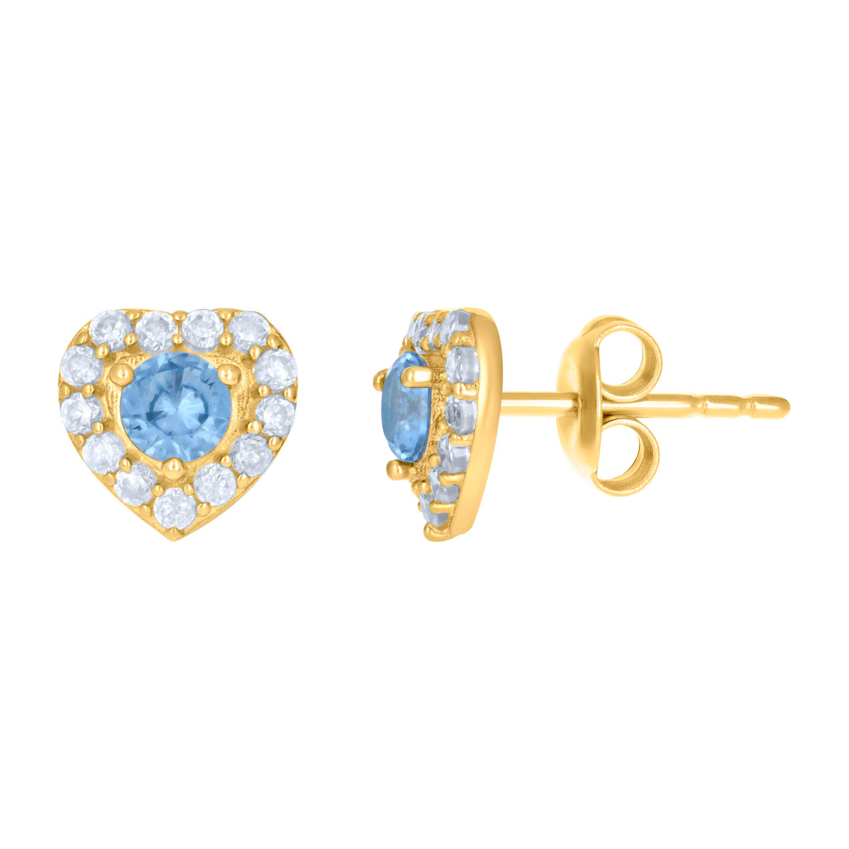 10K Yellow Gold Womens Aqua Blue White Cubic-Zirconia Heart Stud Earrings
