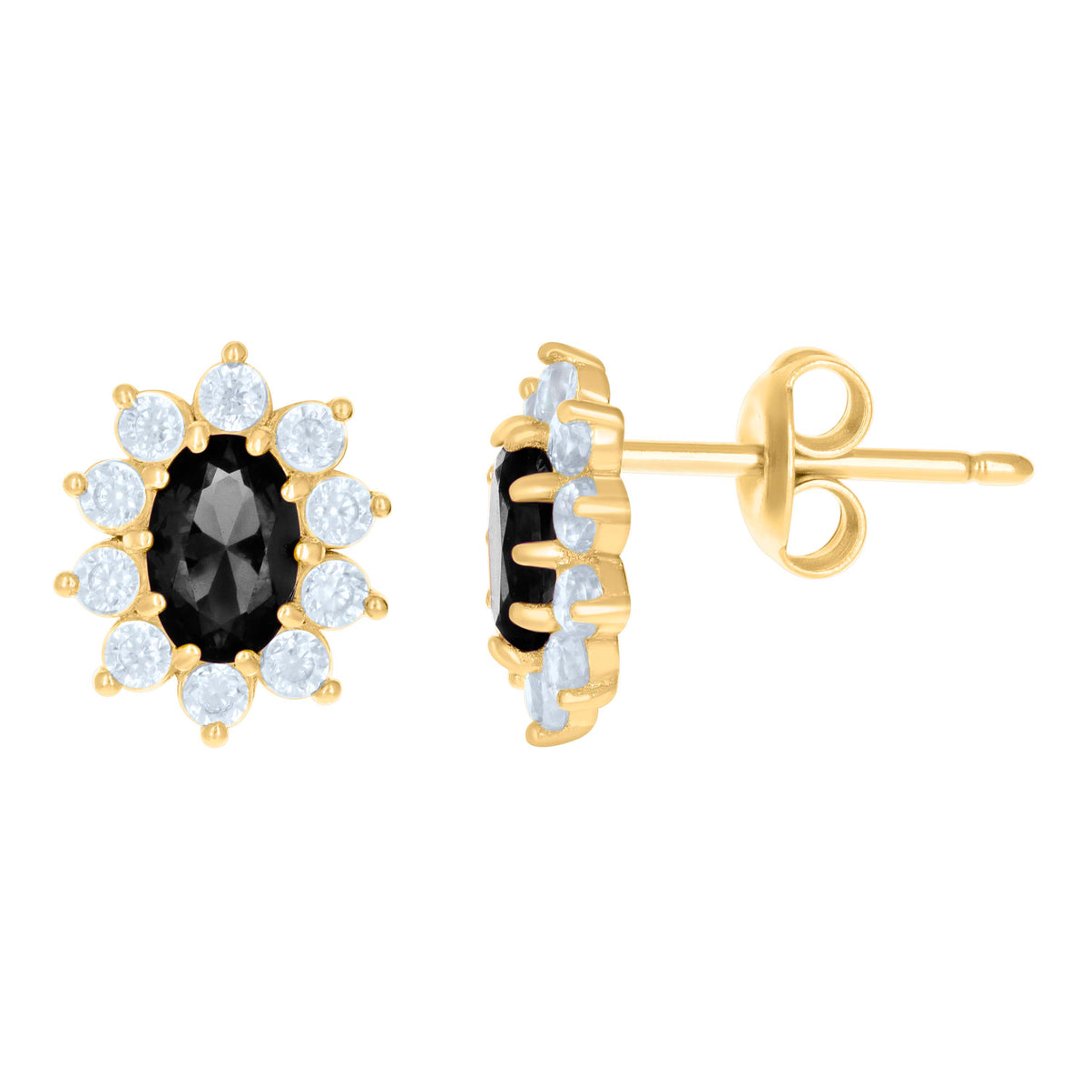 10K Yellow Gold Womens Black White Oval Round Cubic-Zirconia Flower Fashion Stud Earrings