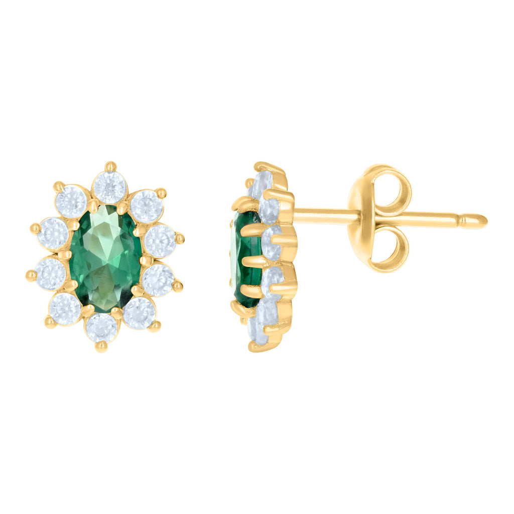 10K Yellow Gold Womens Green White Oval Round Cubic-Zirconia Flower Fashion Stud Earrings