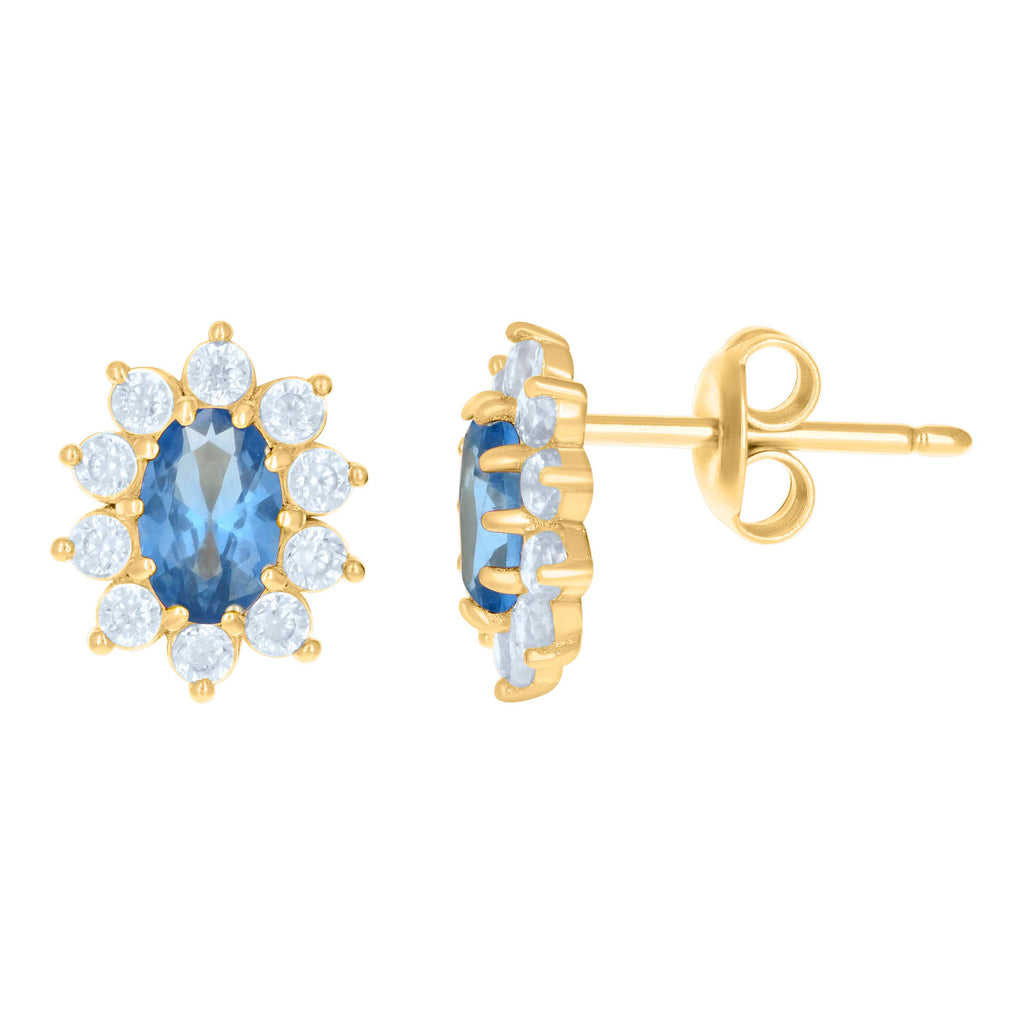10K Yellow Gold Womens Blue White Oval Round Cubic-Zirconia Flower Fashion Stud Earrings