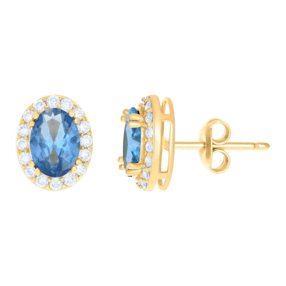 10K Yellow Gold Womens Blue White Oval Round Cubic-Zirconia Oval Fashion Stud Earrings