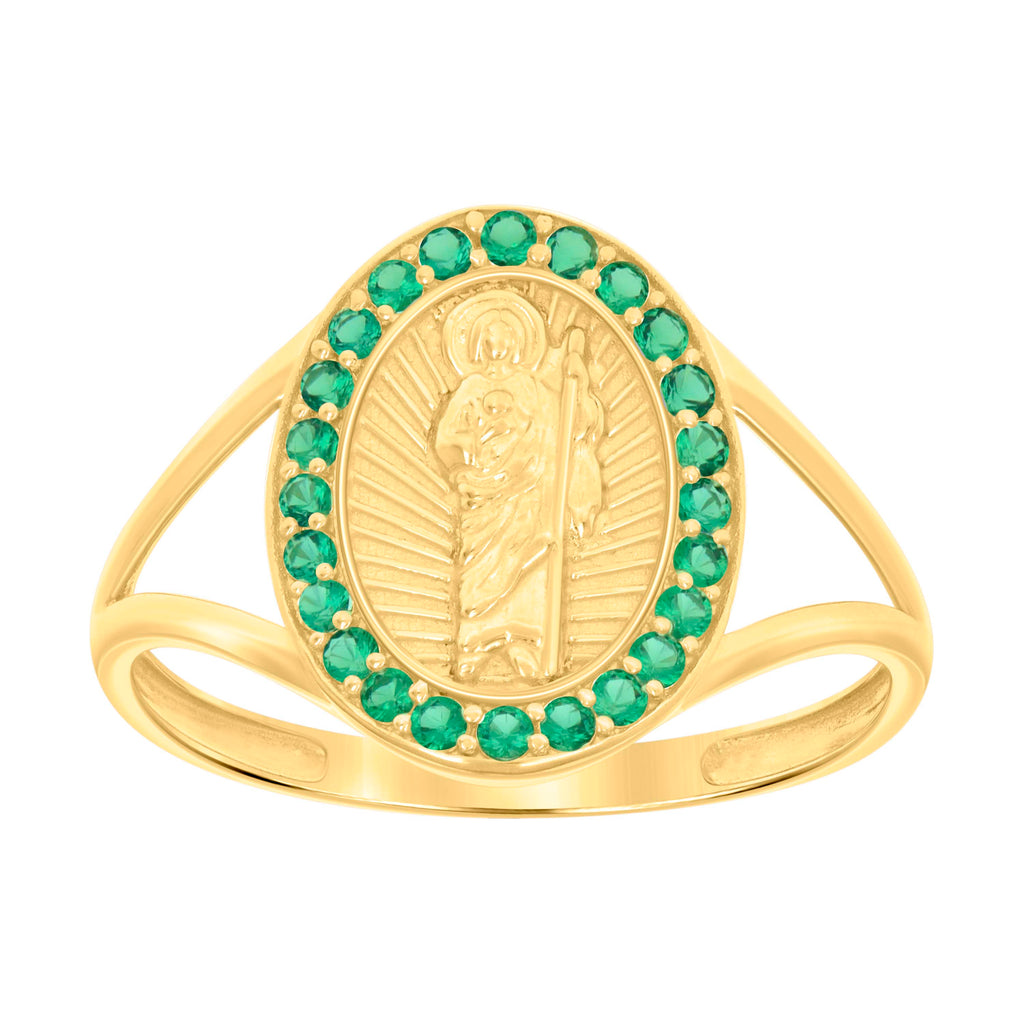 10K Yellow Gold Womens Green Cubic-Zirconia St. Jude Saints Religious Ring