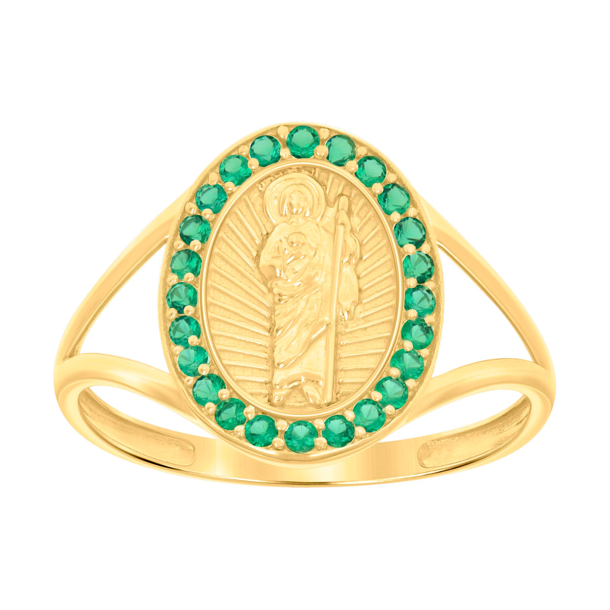 10K Yellow Gold Womens Green Cubic-Zirconia St. Jude Saints Religious Ring