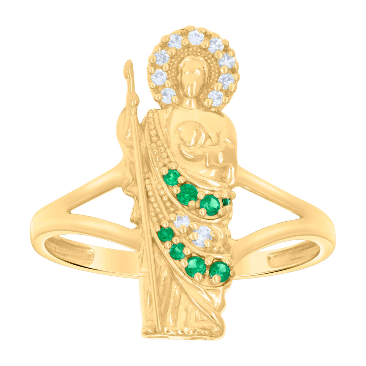 10K Yellow Gold Womens Green White Cubic-Zirconia St. Jude Saints Religious Ring