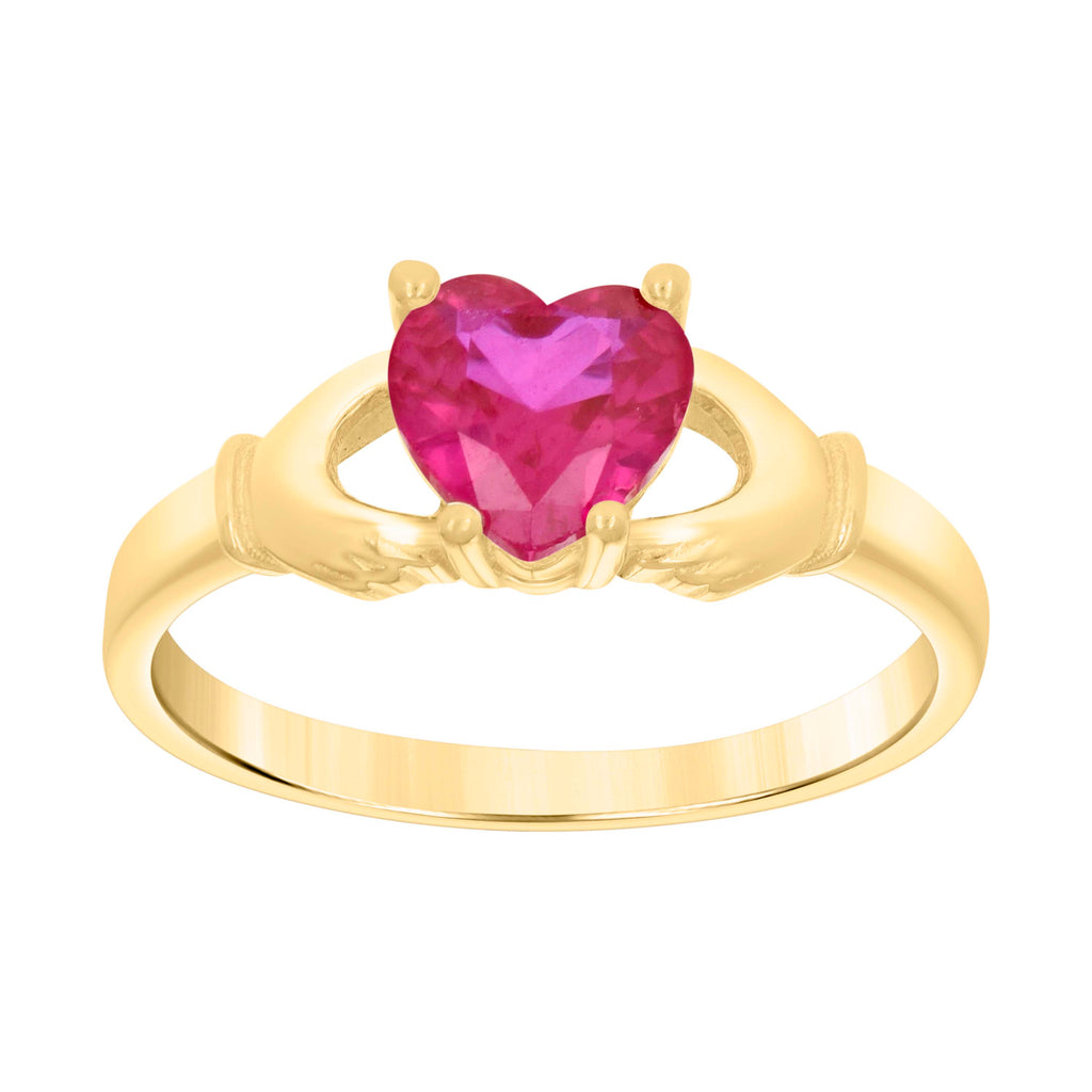 10K Yellow Gold Baby Red Heart Cubic-Zirconia Claddagh Good Luck Ring