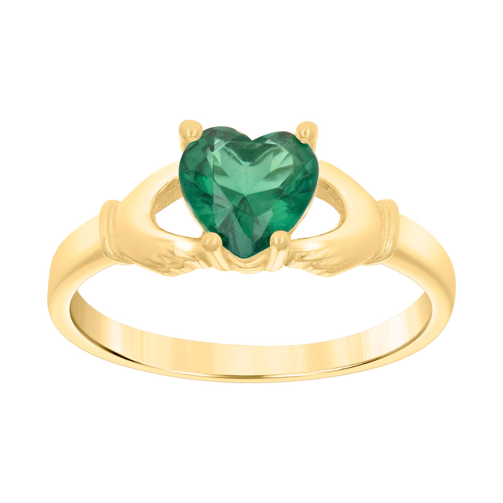 10K Yellow Gold Baby Green Heart Cubic-Zirconia Claddagh Good Luck Ring