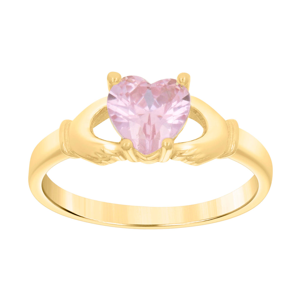 10K Yellow Gold Baby Pink Heart Cubic-Zirconia Claddagh Good Luck Ring