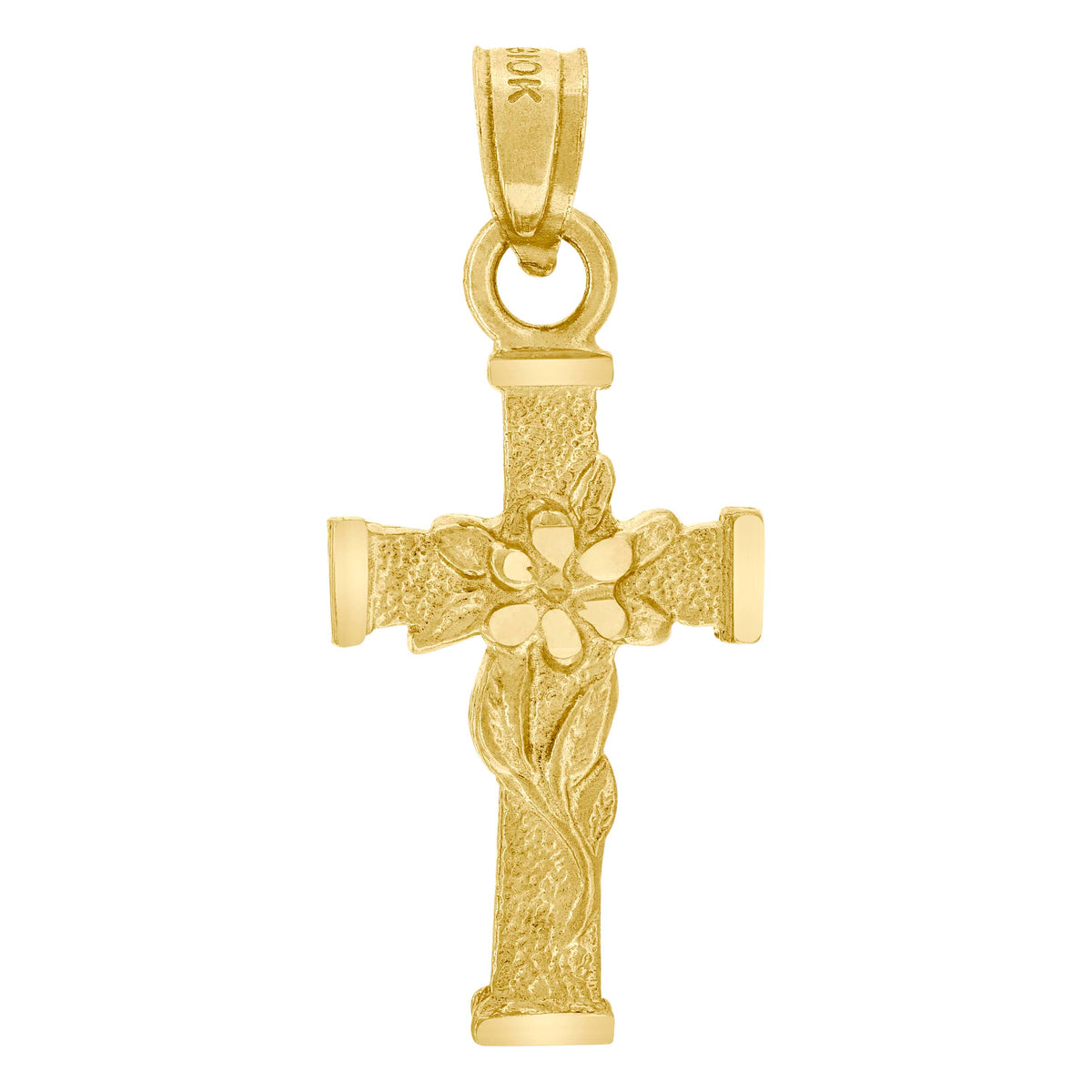 10K Yellow Gold Mens Women Textured Flower Cross Religious Charm Pendant