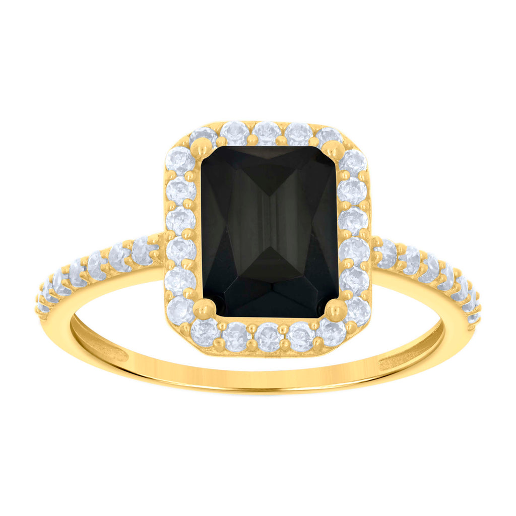 10K Yellow Gold Womens Black White Emerald-Cut Round Cubic-Zirconia Engagement Ring