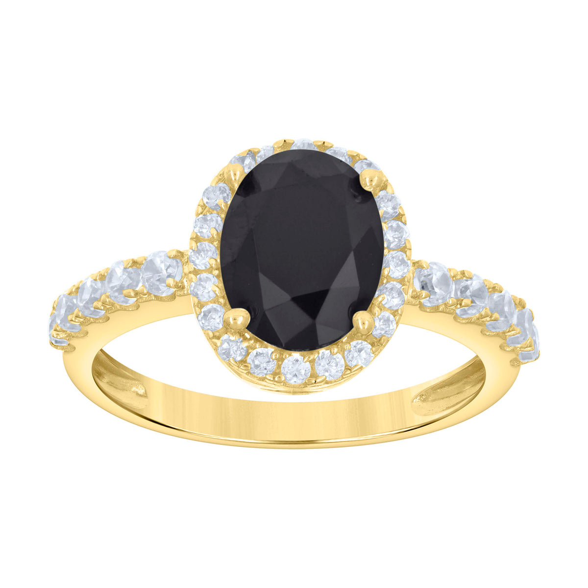 10K Yellow Gold Womens Black White Oval Round Cubic-Zirconia Engagement Ring