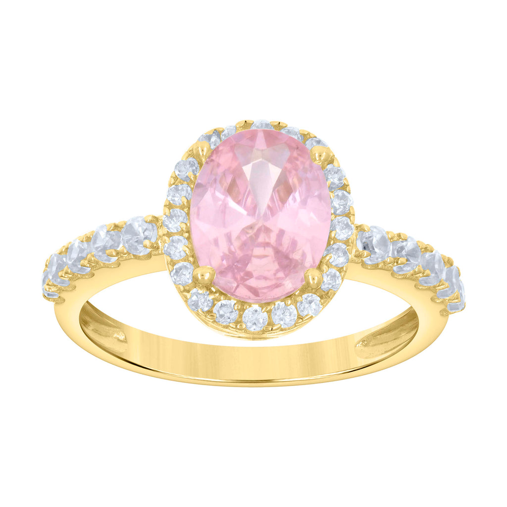 10K Yellow Gold Womens Pink White Oval Round Cubic-Zirconia Engagement Ring