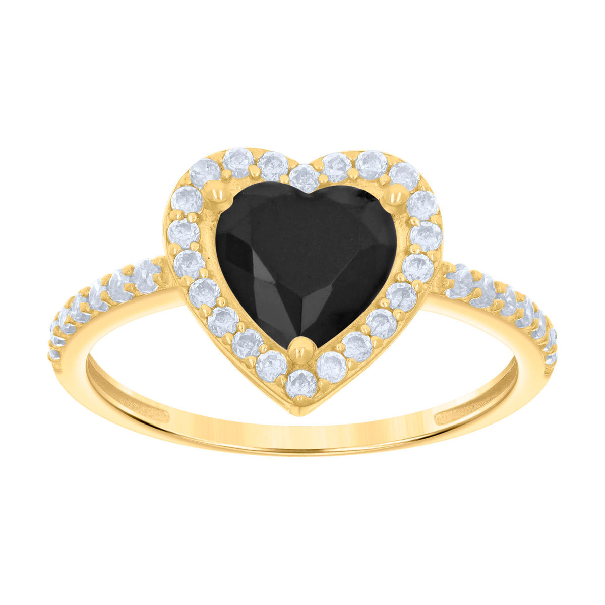 10K Yellow Gold Womens Black White Heart Round Cubic-Zirconia Heart Engagement Ring