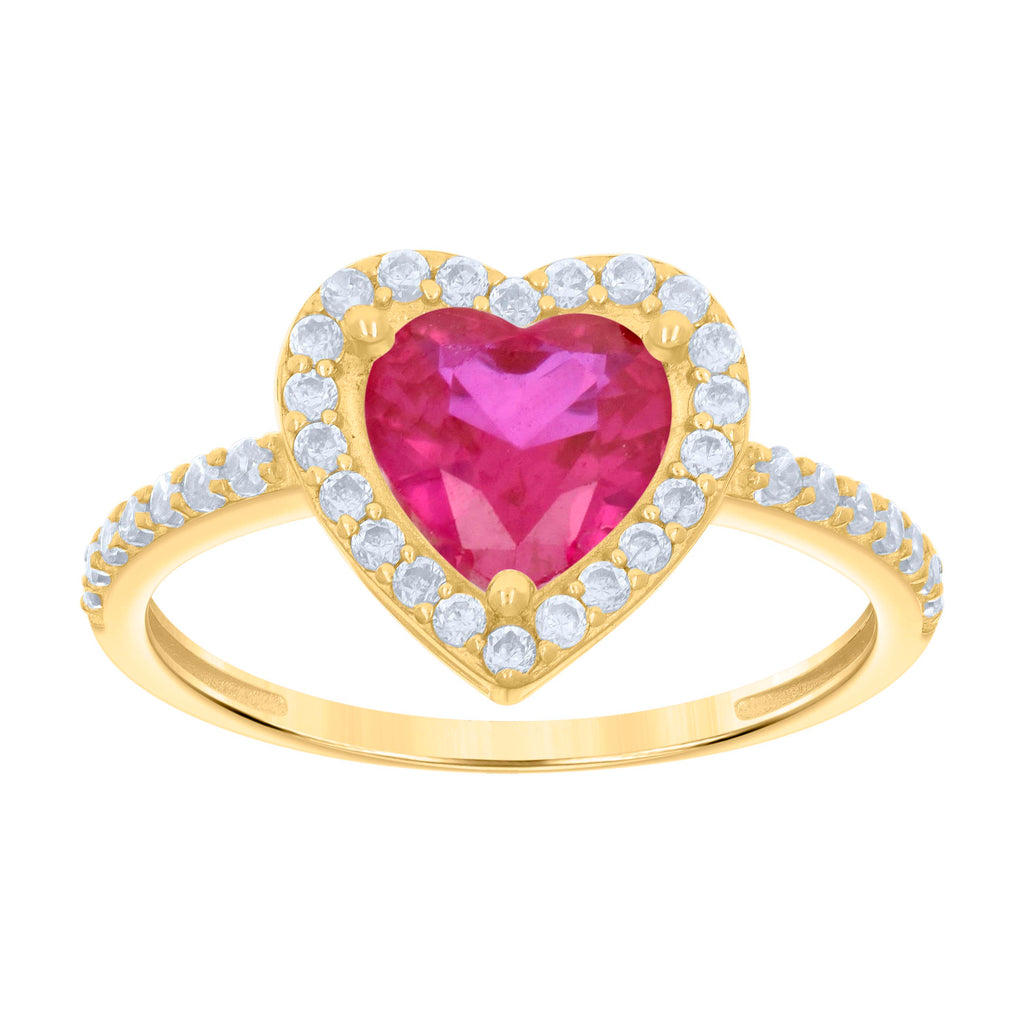 10K Yellow Gold Womens Red White Heart Round Cubic-Zirconia Heart Engagement Ring