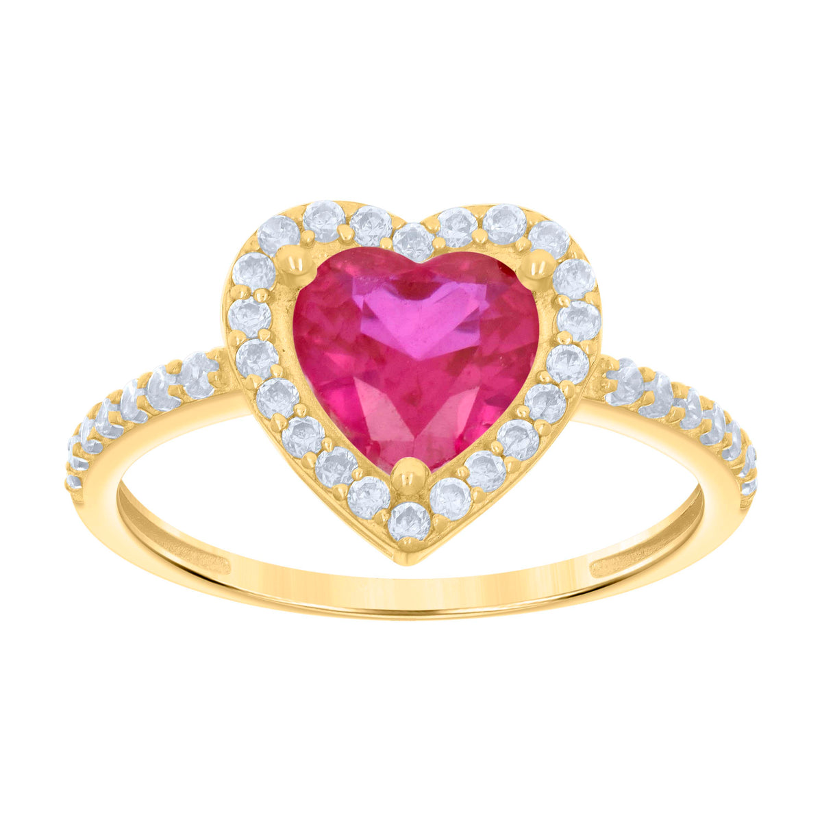 10K Yellow Gold Womens Red White Heart Round Cubic-Zirconia Heart Engagement Ring