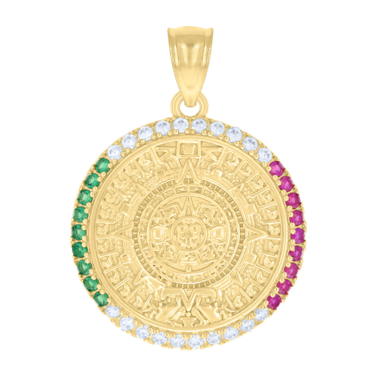 10K Yellow Gold Mens Green/Purple White Cubic-Zirconia Aztec Calendar Fashion Charm Pendant