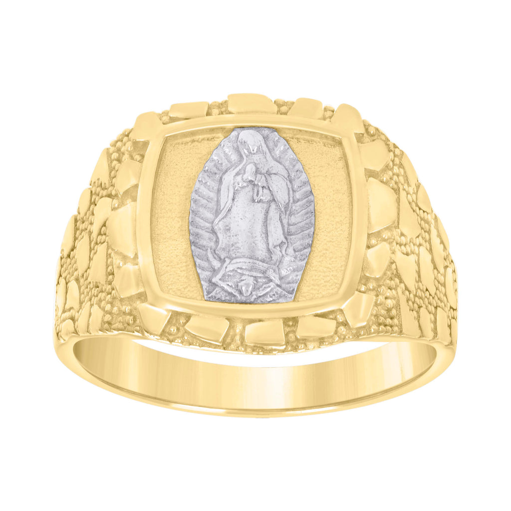 10K Two-tone Gold Mens Textured Guadalupe Religious Ring