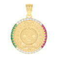 14K Yellow Gold Mens Green/Pink White Cubic-Zirconia Aztec Calendar Fashion Charm Pendant