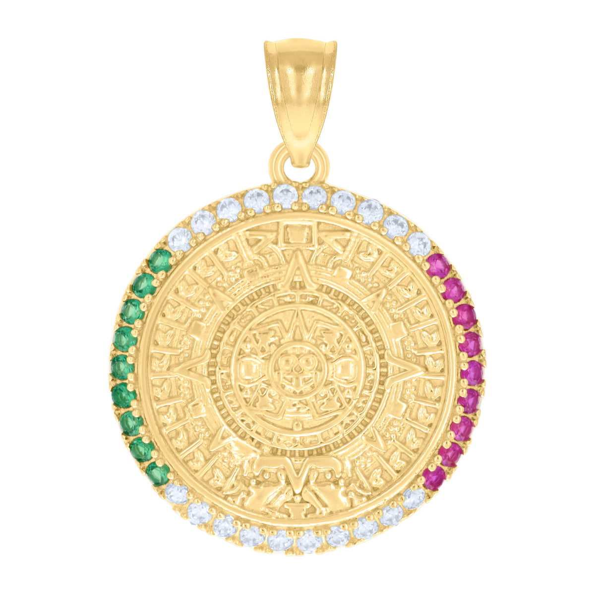 14K Yellow Gold Mens Green/Pink White Cubic-Zirconia Aztec Calendar Fashion Charm Pendant