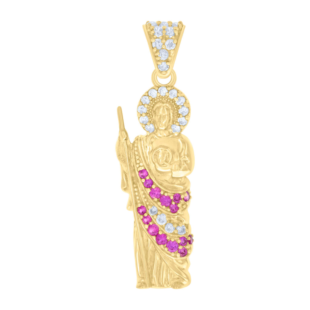 10K Yellow Gold Mens Pink White Cubic-Zirconia St. Jude Religious Charm Pendant