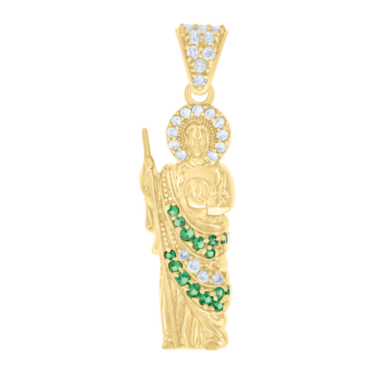 10K Yellow Gold Mens Green White Cubic-Zirconia St. Jude Religious Charm Pendant