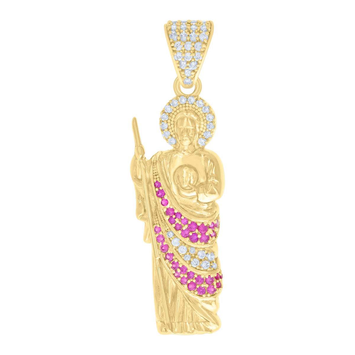 10K Yellow Gold Mens Pink White Cubic-Zirconia St. Jude Religious Charm Pendant