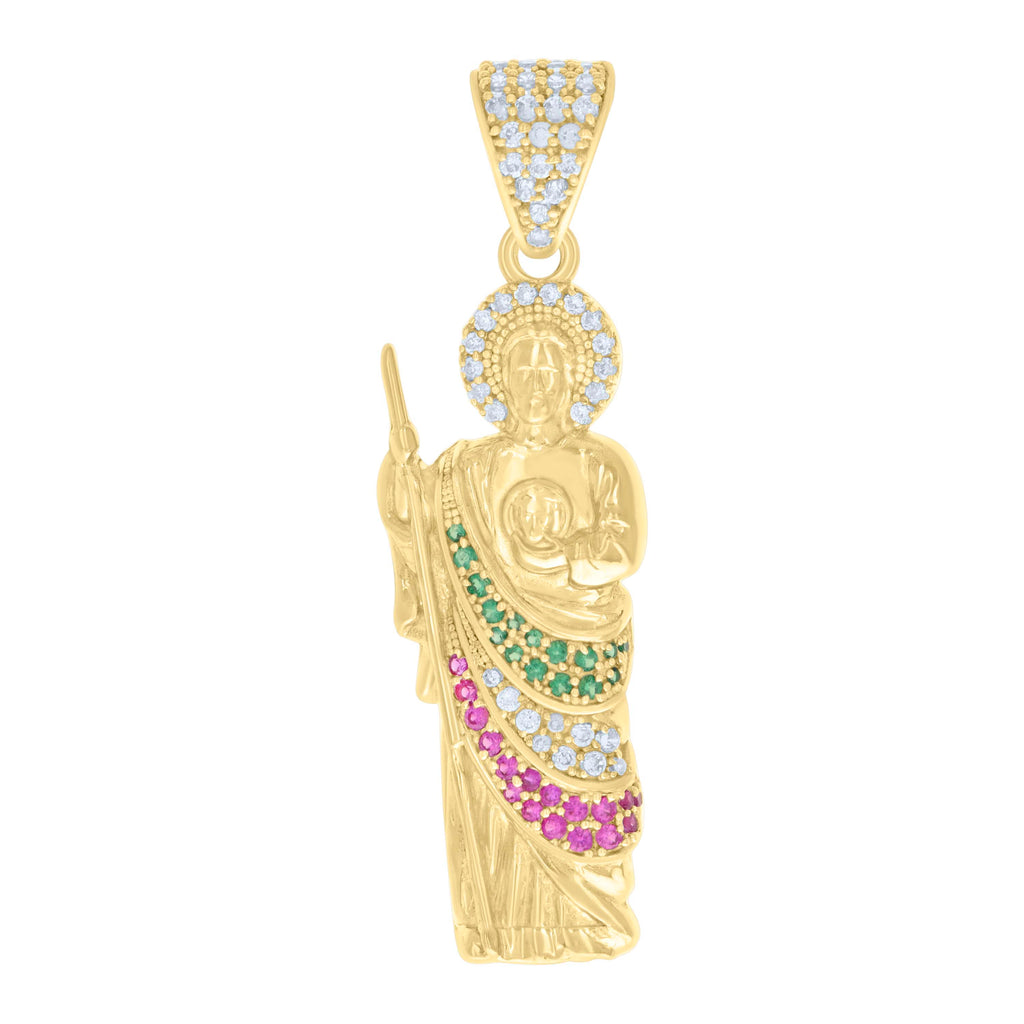 10K Yellow Gold Mens Green/Purple White Cubic-Zirconia St. Jude Religious Charm Pendant