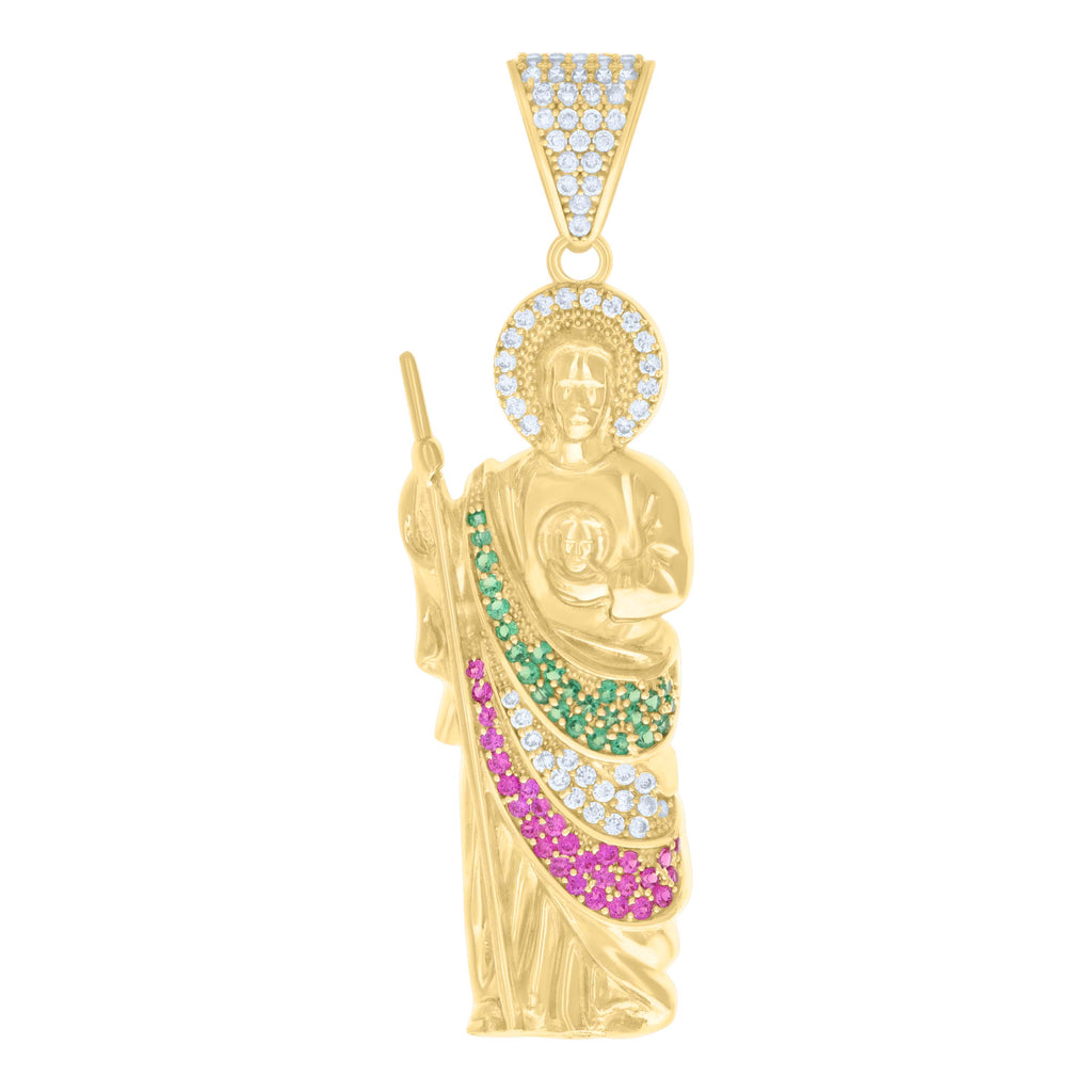 10K Yellow Gold Mens Green/Purple White Cubic-Zirconia St. Jude Religious Charm Pendant