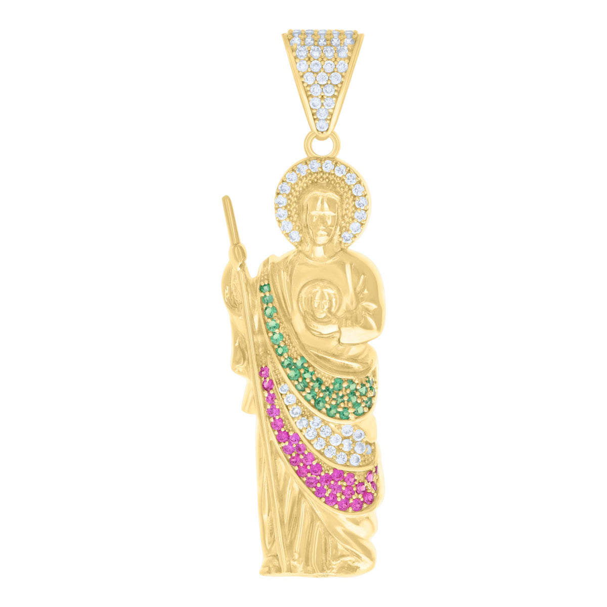 10K Yellow Gold Mens Green/Purple White Cubic-Zirconia St. Jude Religious Charm Pendant