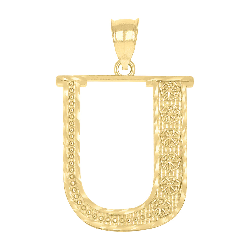 10K Yellow Gold Unisex Floral Initial Alphabet U Charm Pendant