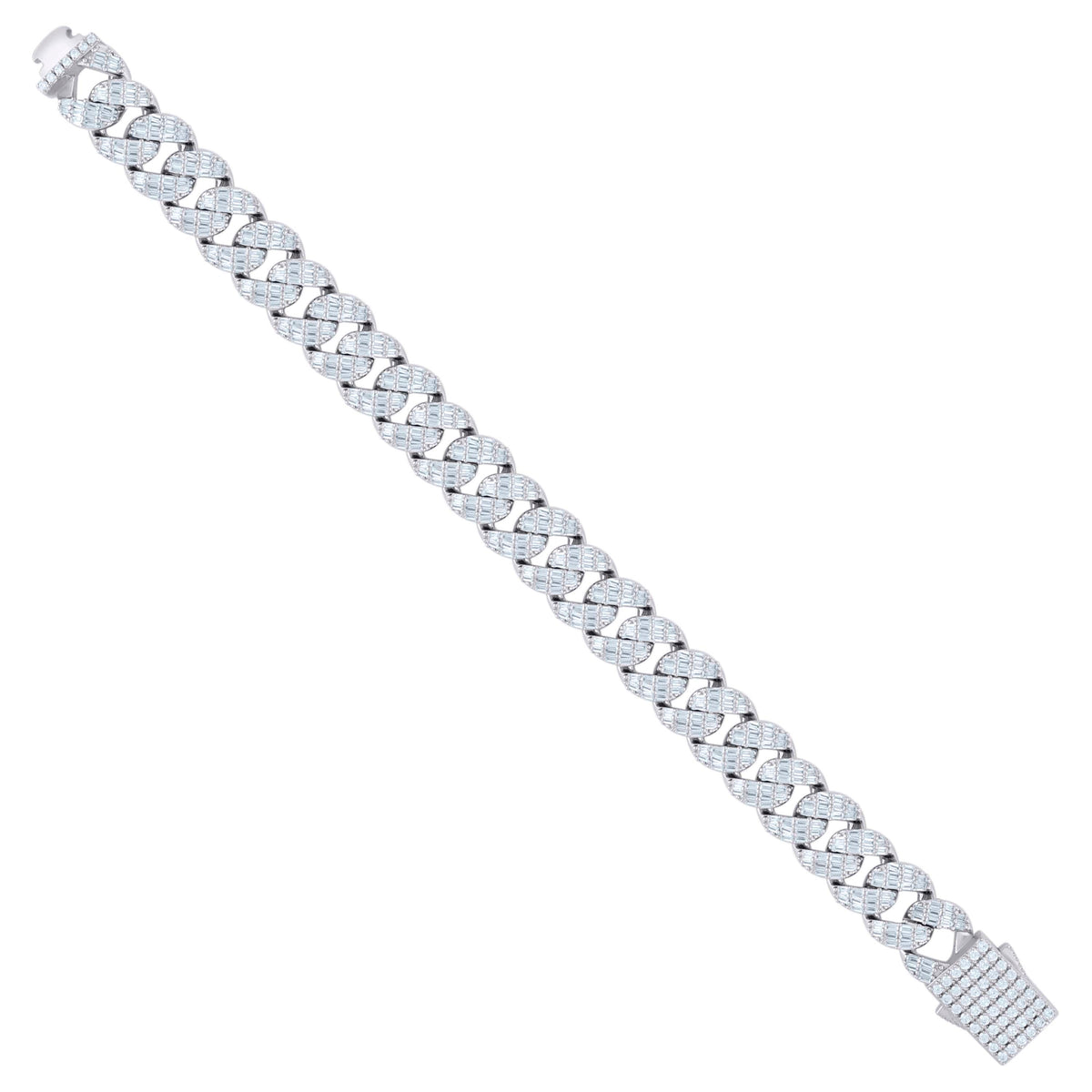 925 Sterling Silver Baguette Round Cubic-Zirconia Fancy Cuban Chain Bracelet Size 8 Inches